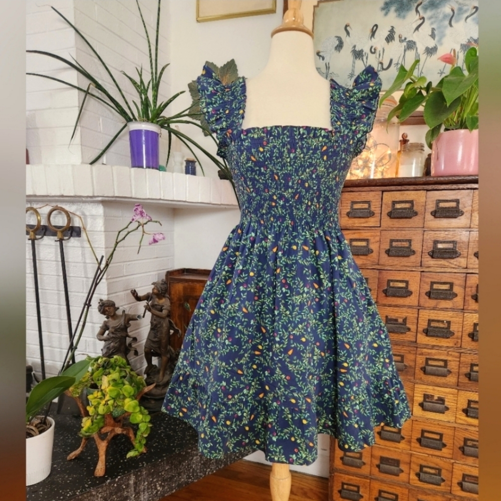 Hill House Navy Floral Mini Dress with Green and Orange Accents
